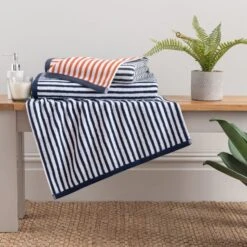 Dunelm Burnt Orange And Navy Striped Towel
